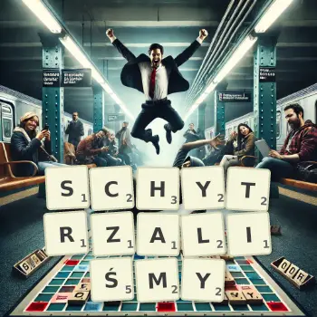 Kreatywna ilustracja do gry w Scrabble ze słowem SCHYTRZALIŚMY ułożonym z płytek na planszy.