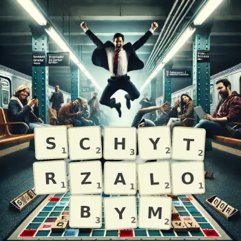 Kreatywna ilustracja do gry w Scrabble ze słowem SCHYTRZALOBYM ułożonym z płytek na planszy.
