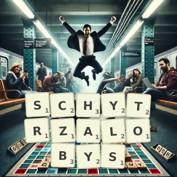 Kreatywna ilustracja do gry w Scrabble ze słowem SCHYTRZALOBYS ułożonym z płytek na planszy.