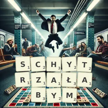 Kreatywna ilustracja do gry w Scrabble ze słowem SCHYTRZAŁABYM ułożonym z płytek na planszy.