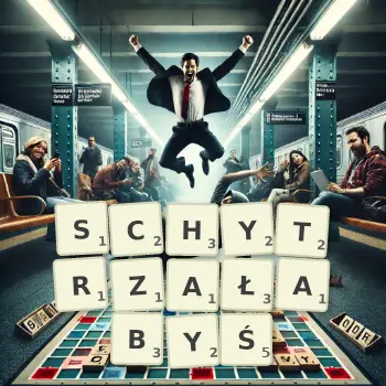 Kreatywna ilustracja do gry w Scrabble ze słowem SCHYTRZAŁABYŚ ułożonym z płytek na planszy.