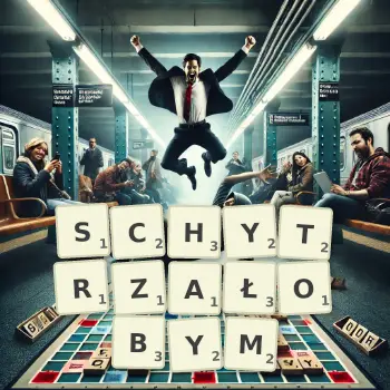 Kreatywna ilustracja do gry w Scrabble ze słowem SCHYTRZAŁOBYM ułożonym z płytek na planszy.