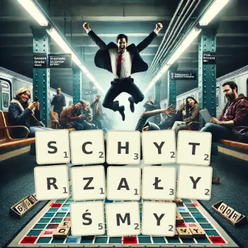 Kreatywna ilustracja do gry w Scrabble ze słowem SCHYTRZAŁYŚMY ułożonym z płytek na planszy.
