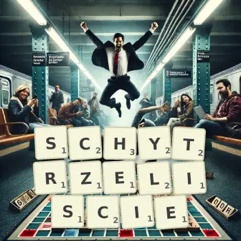 Kreatywna ilustracja do gry w Scrabble ze słowem SCHYTRZELISCIE ułożonym z płytek na planszy.