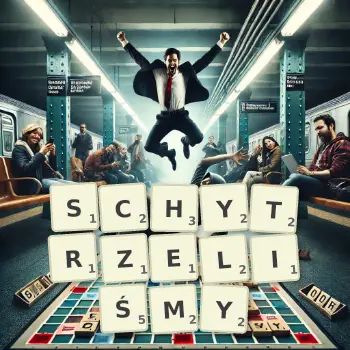 Kreatywna ilustracja do gry w Scrabble ze słowem SCHYTRZELIŚMY ułożonym z płytek na planszy.
