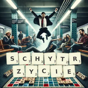 Kreatywna ilustracja do gry w Scrabble ze słowem SCHYTRZYCIE ułożonym z płytek na planszy.