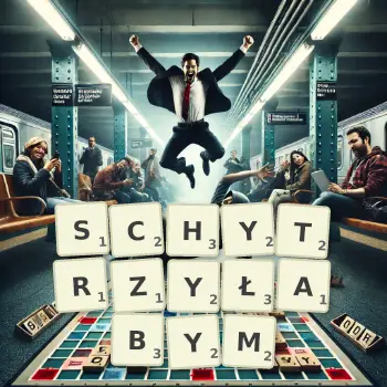 Kreatywna ilustracja do gry w Scrabble ze słowem SCHYTRZYŁABYM ułożonym z płytek na planszy.