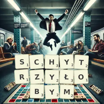 Kreatywna ilustracja do gry w Scrabble ze słowem SCHYTRZYŁOBYM ułożonym z płytek na planszy.