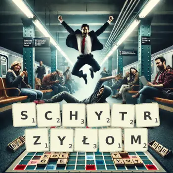 Kreatywna ilustracja do gry w Scrabble ze słowem SCHYTRZYŁOM ułożonym z płytek na planszy.