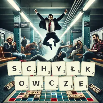 Kreatywna ilustracja do gry w Scrabble ze słowem SCHYŁKOWCZE ułożonym z płytek na planszy.