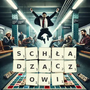Kreatywna ilustracja do gry w Scrabble ze słowem SCHŁADZACZOWI ułożonym z płytek na planszy.