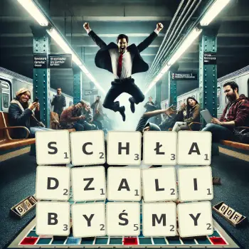 Kreatywna ilustracja do gry w Scrabble ze słowem SCHŁADZALIBYŚMY ułożonym z płytek na planszy.