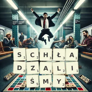 Kreatywna ilustracja do gry w Scrabble ze słowem SCHŁADZALIŚMY ułożonym z płytek na planszy.