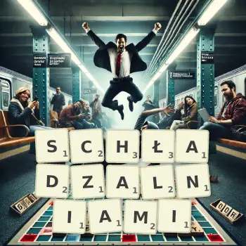 Kreatywna ilustracja do gry w Scrabble ze słowem SCHŁADZALNIAMI ułożonym z płytek na planszy.