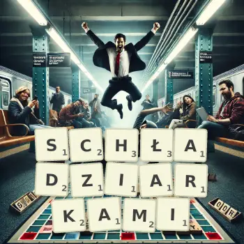 Kreatywna ilustracja do gry w Scrabble ze słowem SCHŁADZIARKAMI ułożonym z płytek na planszy.