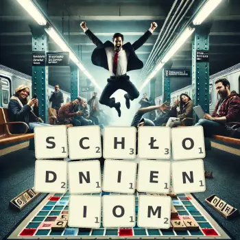 Kreatywna ilustracja do gry w Scrabble ze słowem SCHŁODNIENIOM ułożonym z płytek na planszy.