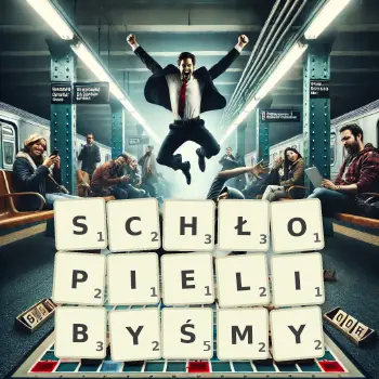 Kreatywna ilustracja do gry w Scrabble ze słowem SCHŁOPIELIBYŚMY ułożonym z płytek na planszy.
