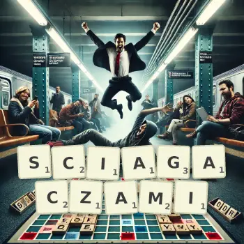 Kreatywna ilustracja do gry w Scrabble ze słowem SCIAGACZAMI ułożonym z płytek na planszy.
