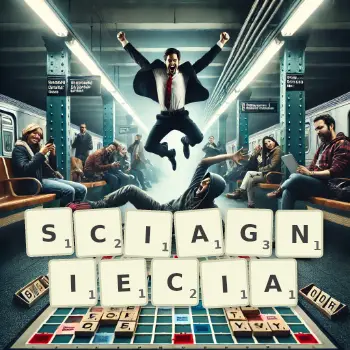 Kreatywna ilustracja do gry w Scrabble ze słowem SCIAGNIECIA ułożonym z płytek na planszy.