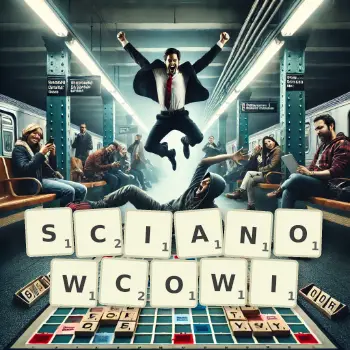 Kreatywna ilustracja do gry w Scrabble ze słowem SCIANOWCOWI ułożonym z płytek na planszy.