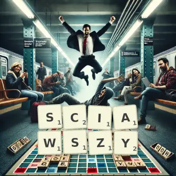 Kreatywna ilustracja do gry w Scrabble ze słowem SCIAWSZY ułożonym z płytek na planszy.