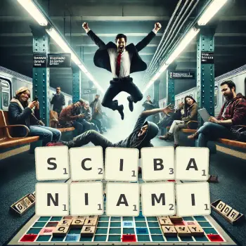 Kreatywna ilustracja do gry w Scrabble ze słowem SCIBANIAMI ułożonym z płytek na planszy.