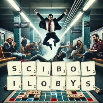 Kreatywna ilustracja do gry w Scrabble ze słowem SCIBOLILOBYS ułożonym z płytek na planszy.