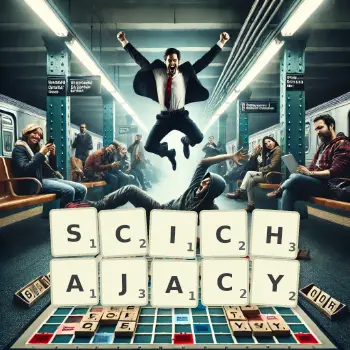 Kreatywna ilustracja do gry w Scrabble ze słowem SCICHAJACY ułożonym z płytek na planszy.