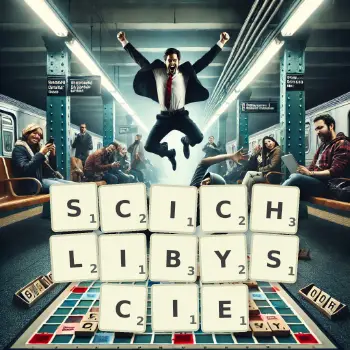 Kreatywna ilustracja do gry w Scrabble ze słowem SCICHLIBYSCIE ułożonym z płytek na planszy.