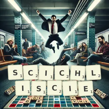 Kreatywna ilustracja do gry w Scrabble ze słowem SCICHLISCIE ułożonym z płytek na planszy.