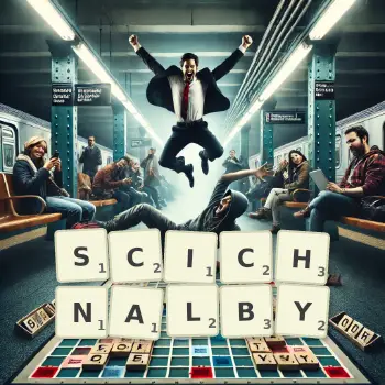 Kreatywna ilustracja do gry w Scrabble ze słowem SCICHNALBY ułożonym z płytek na planszy.