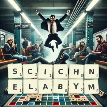 Kreatywna ilustracja do gry w Scrabble ze słowem SCICHNELABYM ułożonym z płytek na planszy.