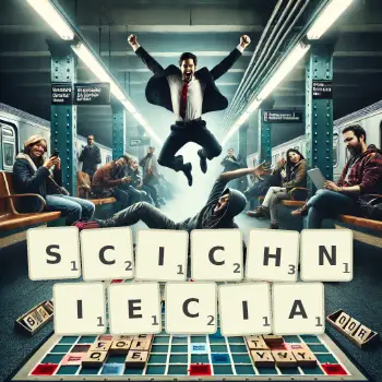 Kreatywna ilustracja do gry w Scrabble ze słowem SCICHNIECIA ułożonym z płytek na planszy.