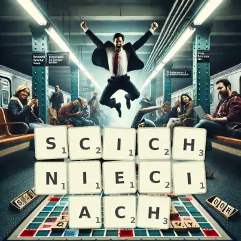 Kreatywna ilustracja do gry w Scrabble ze słowem SCICHNIECIACH ułożonym z płytek na planszy.