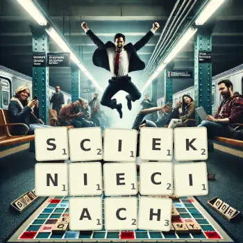 Kreatywna ilustracja do gry w Scrabble ze słowem SCIEKNIECIACH ułożonym z płytek na planszy.