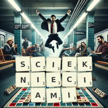 Kreatywna ilustracja do gry w Scrabble ze słowem SCIEKNIECIAMI ułożonym z płytek na planszy.