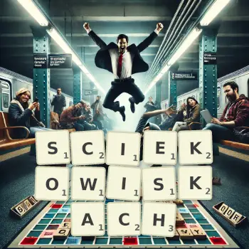 Kreatywna ilustracja do gry w Scrabble ze słowem SCIEKOWISKACH ułożonym z płytek na planszy.