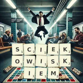 Kreatywna ilustracja do gry w Scrabble ze słowem SCIEKOWISKIEM ułożonym z płytek na planszy.