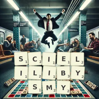 Kreatywna ilustracja do gry w Scrabble ze słowem SCIELILIBYSMY ułożonym z płytek na planszy.