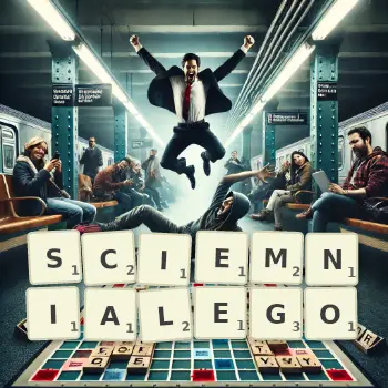 Kreatywna ilustracja do gry w Scrabble ze słowem SCIEMNIALEGO ułożonym z płytek na planszy.