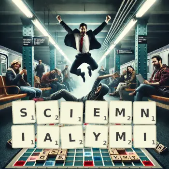 Kreatywna ilustracja do gry w Scrabble ze słowem SCIEMNIALYMI ułożonym z płytek na planszy.