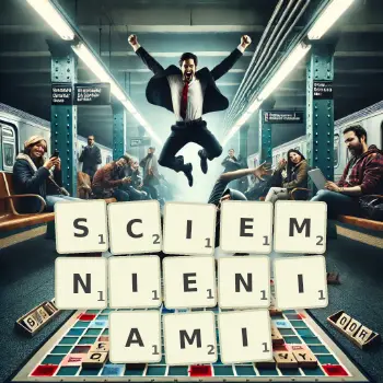 Kreatywna ilustracja do gry w Scrabble ze słowem SCIEMNIENIAMI ułożonym z płytek na planszy.