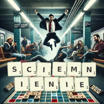 Kreatywna ilustracja do gry w Scrabble ze słowem SCIEMNIENIE ułożonym z płytek na planszy.