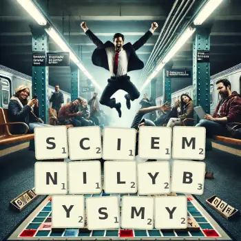 Kreatywna ilustracja do gry w Scrabble ze słowem SCIEMNILYBYSMY ułożonym z płytek na planszy.