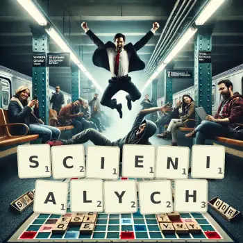 Kreatywna ilustracja do gry w Scrabble ze słowem SCIENIALYCH ułożonym z płytek na planszy.