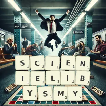 Kreatywna ilustracja do gry w Scrabble ze słowem SCIENIELIBYSMY ułożonym z płytek na planszy.