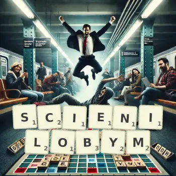 Kreatywna ilustracja do gry w Scrabble ze słowem SCIENILOBYM ułożonym z płytek na planszy.