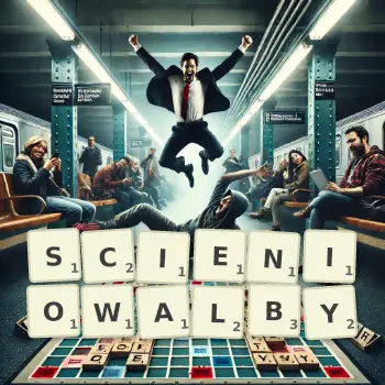 Kreatywna ilustracja do gry w Scrabble ze słowem SCIENIOWALBY ułożonym z płytek na planszy.