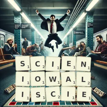 Kreatywna ilustracja do gry w Scrabble ze słowem SCIENIOWALISCIE ułożonym z płytek na planszy.