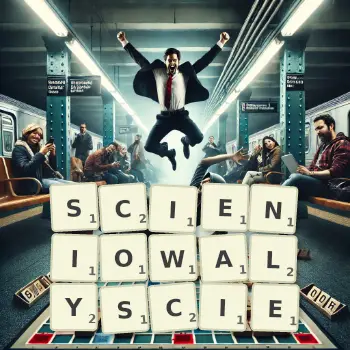 Kreatywna ilustracja do gry w Scrabble ze słowem SCIENIOWALYSCIE ułożonym z płytek na planszy.